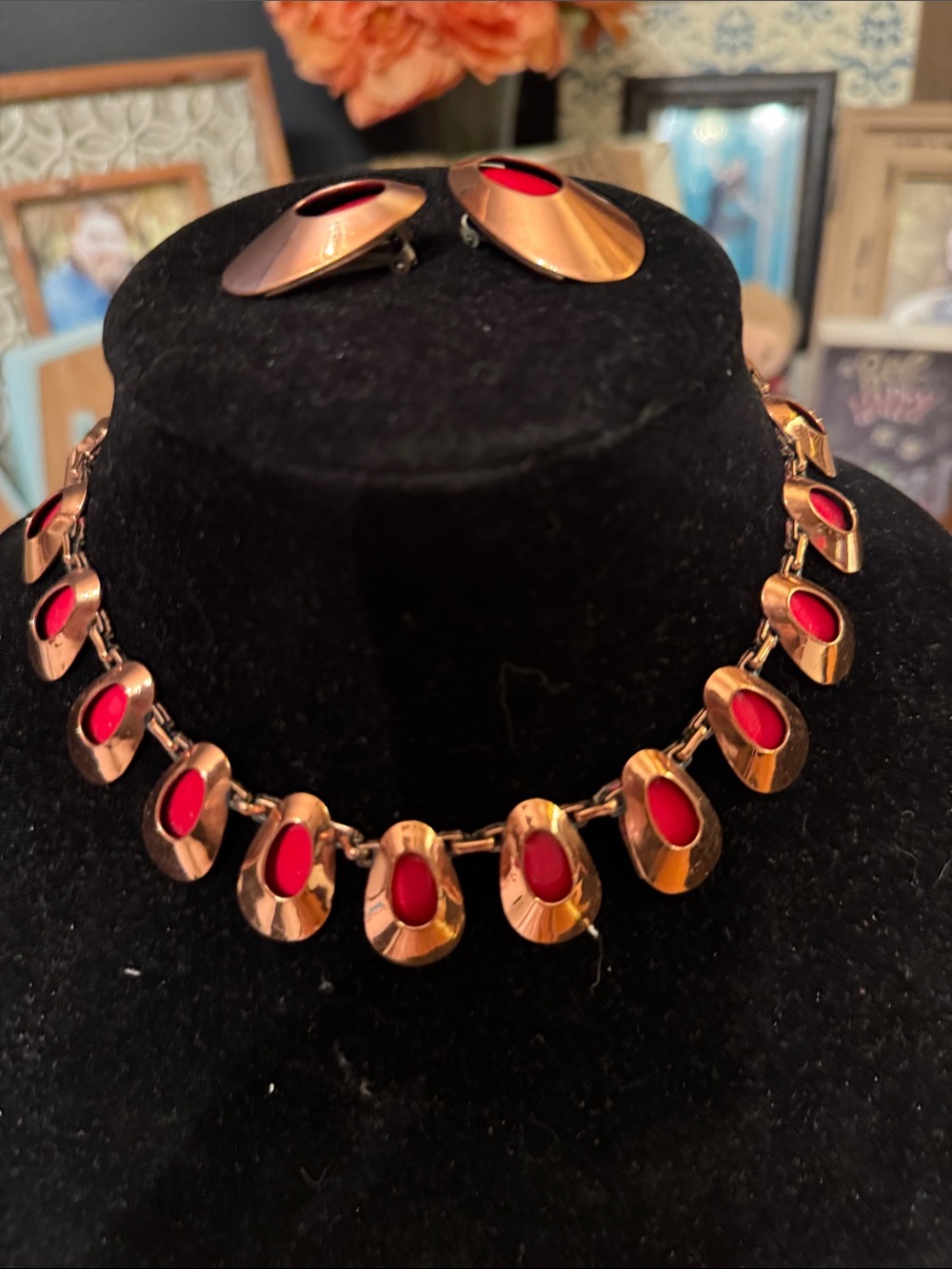 Vintage MCM Matisse Cooper Honeybear Necklace & Earrings with Red Enamel Accents